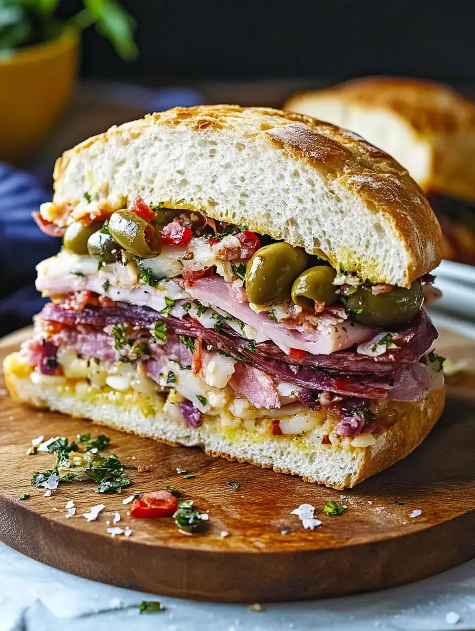 Gros plan d'un sandwich multicouche garni de diverses viandes, olives et herbes, présenté sur une planche en bois.