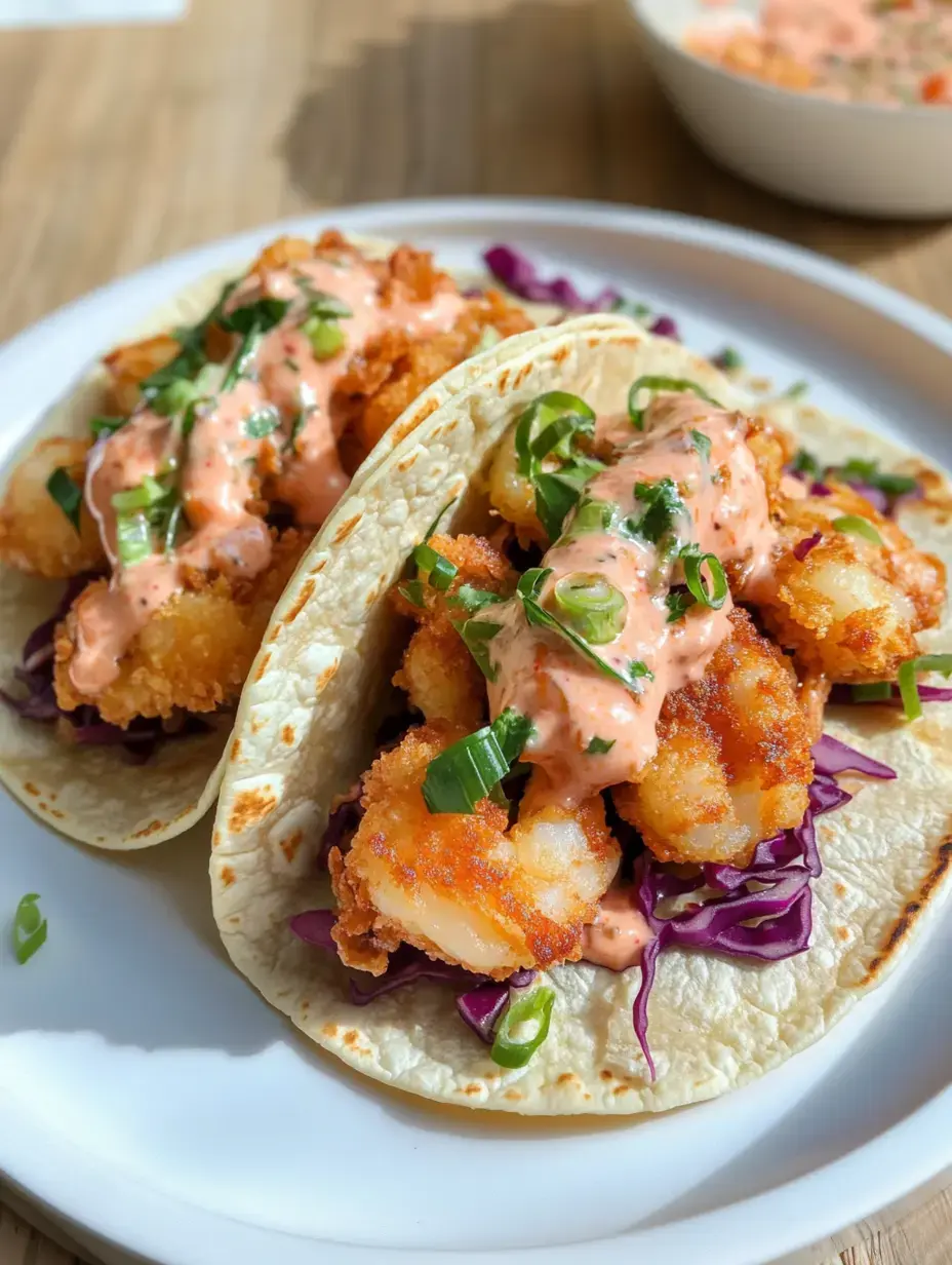 Deux tacos garnis de crevettes croustillantes, chou rouge, et nappés d'une sauce crémeuse avec des oignons verts hachés, servis sur une assiette blanche.