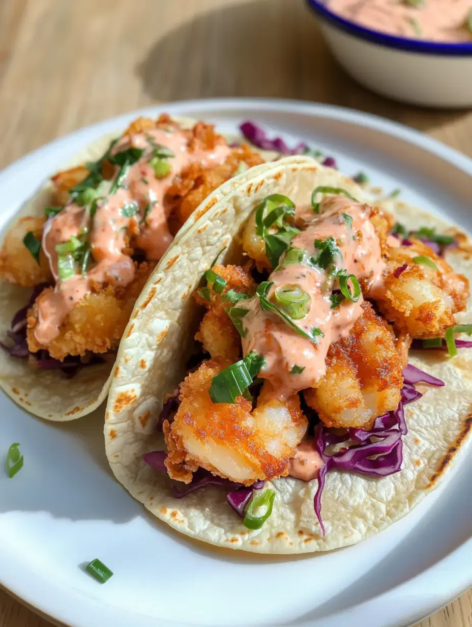 Deux tacos aux crevettes croustillantes sont garnis d'une sauce crémeuse et décorés d'oignons verts, reposant sur un lit de chou violet.