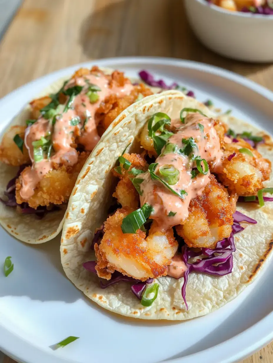 Deux tacos garnis de crevettes croustillantes, nappés d'une sauce épicée et d'oignons verts, servis sur un lit de chou violet.