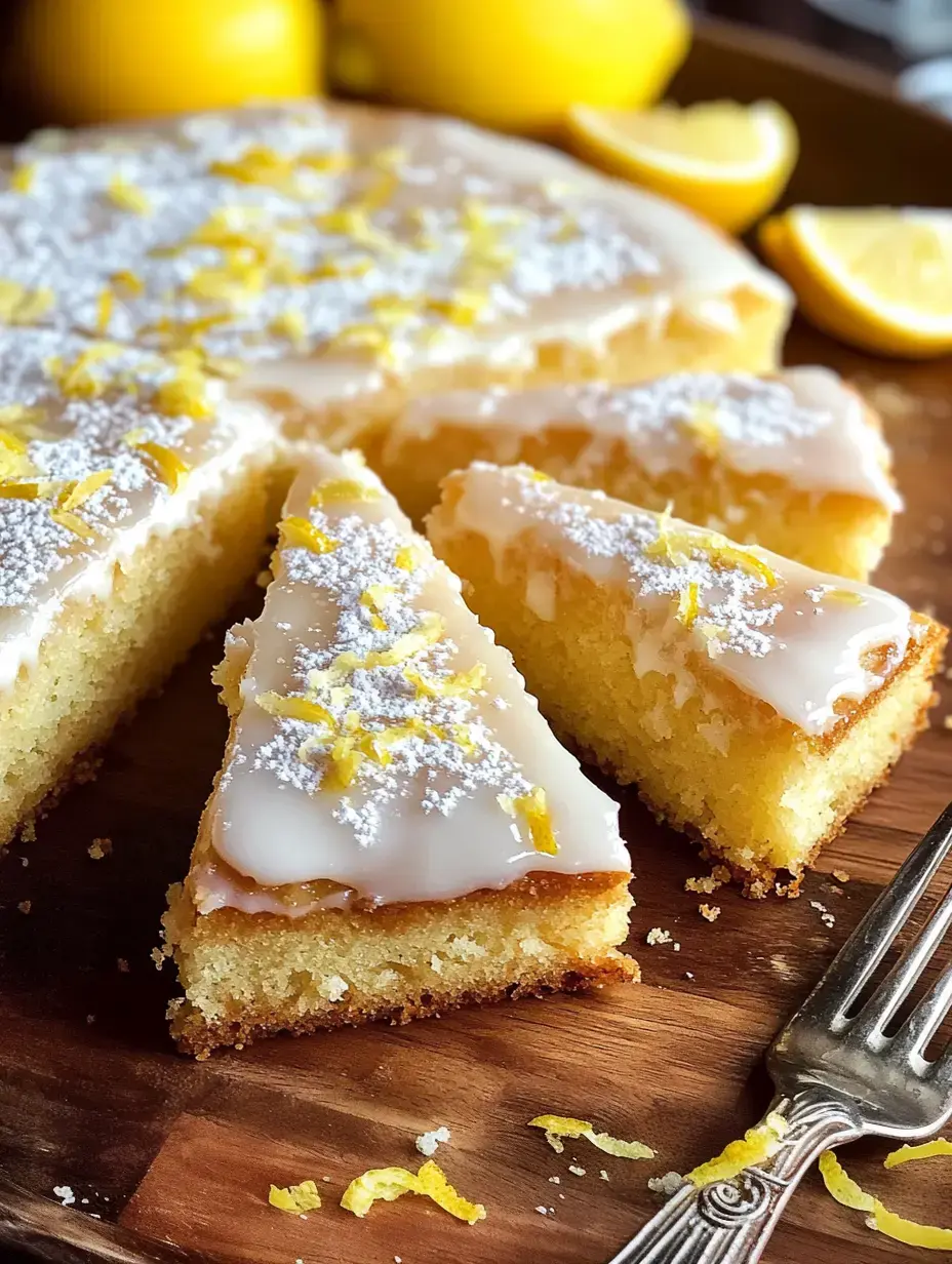 Un gâteau au citron garni de glaçage et de zeste de citron partiellement tranché et servi sur un plateau en bois, avec des citrons entiers en arrière-plan.