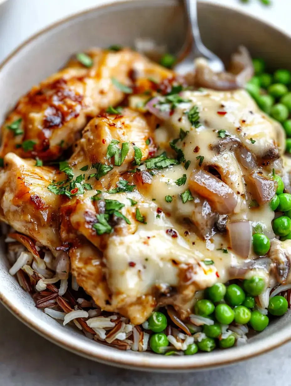 Un gros plan d'un bol rempli de riz, petits pois verts, et morceaux de poulet nappés d'une sauce crémeuse, garni d'herbes hachées.