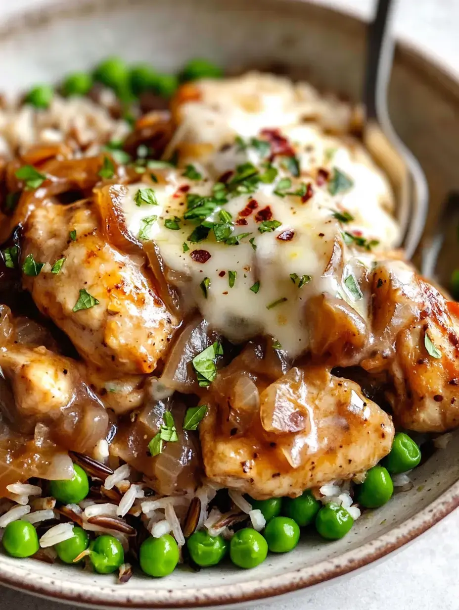 Un bol de poulet nappé de sauce et de fromage, servi sur du riz et des petits pois, garni d'herbes fraîches.