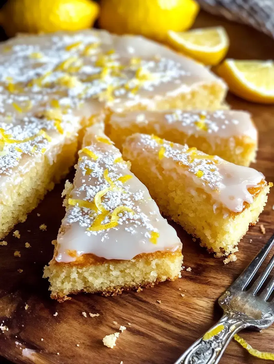 Une part de gâteau au citron glacé, garnie de sucre glace et de zeste de citron, est posée sur une planche en bois avec des citrons entiers et des quartiers de citron en arrière-plan.