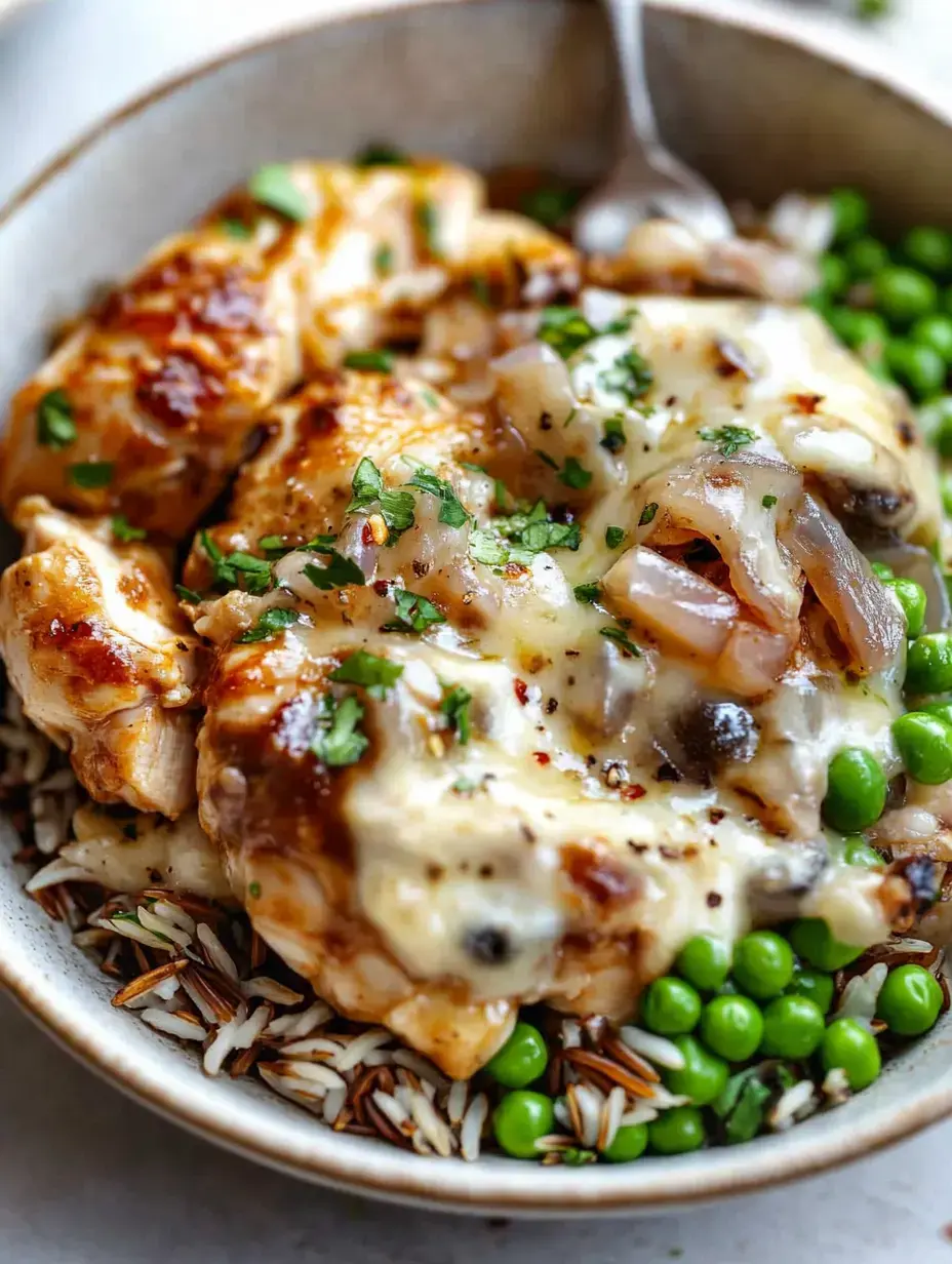 Un bol de riz blanc et sauvage garni de poulet grillé, petits pois verts, fromage fondu et herbes hachées.