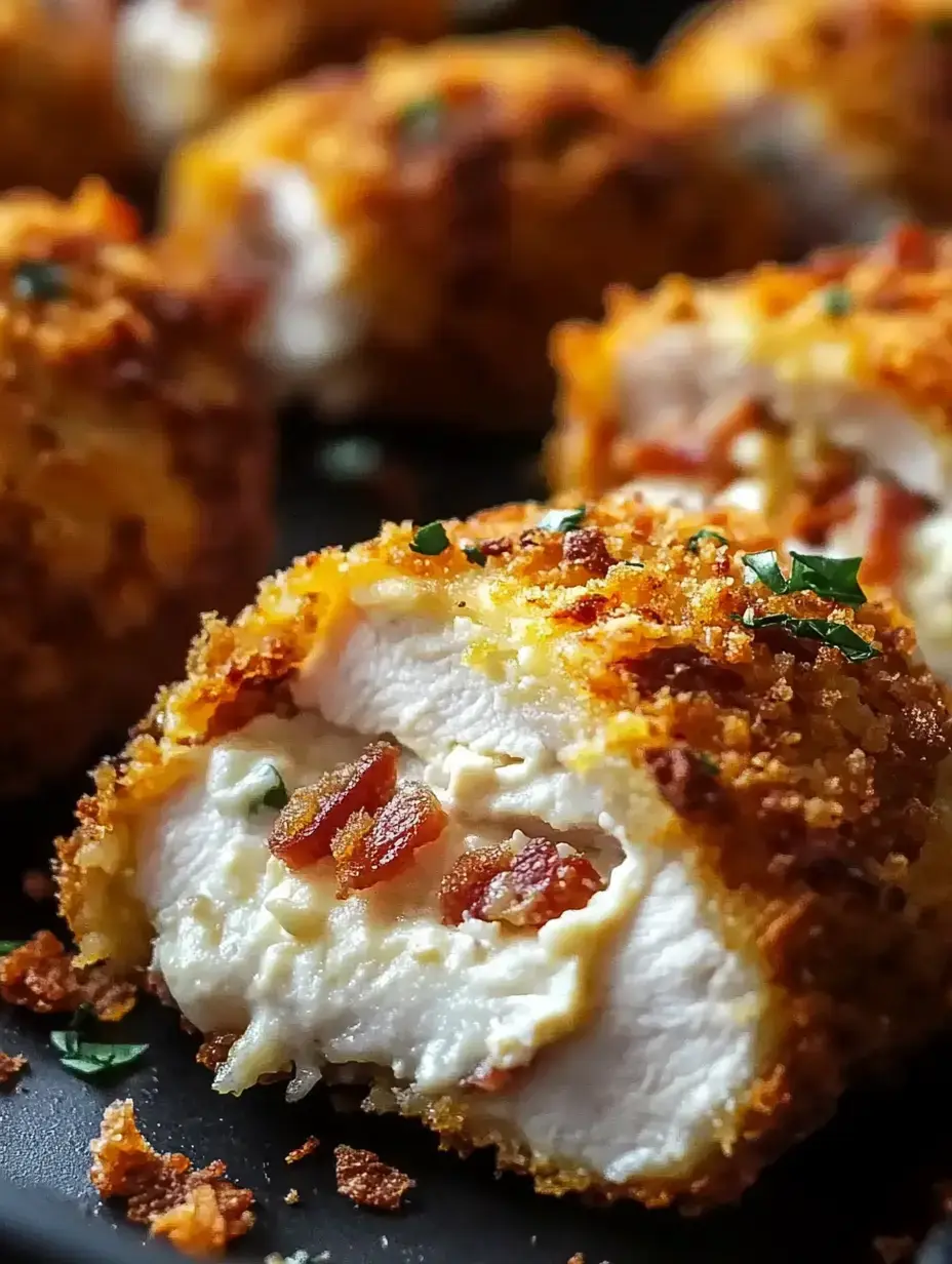 Gros plan sur un roulé de poulet croustillant pané, garni de fromage crémeux et de morceaux de lardons, décoré d'herbes fraîches.
