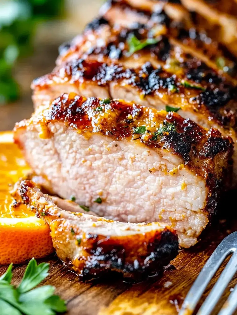 Gros plan d'un rôti de porc tranché, doré et garni d'herbes, servi sur une planche à découper en bois avec une tranche d'orange.