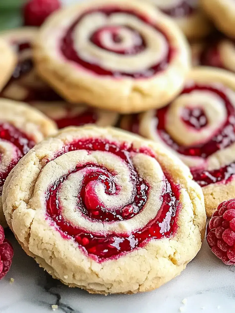Un gros plan de biscuits en spirale fourrés de confiture de framboises rouge vif, entourés de framboises fraîches.