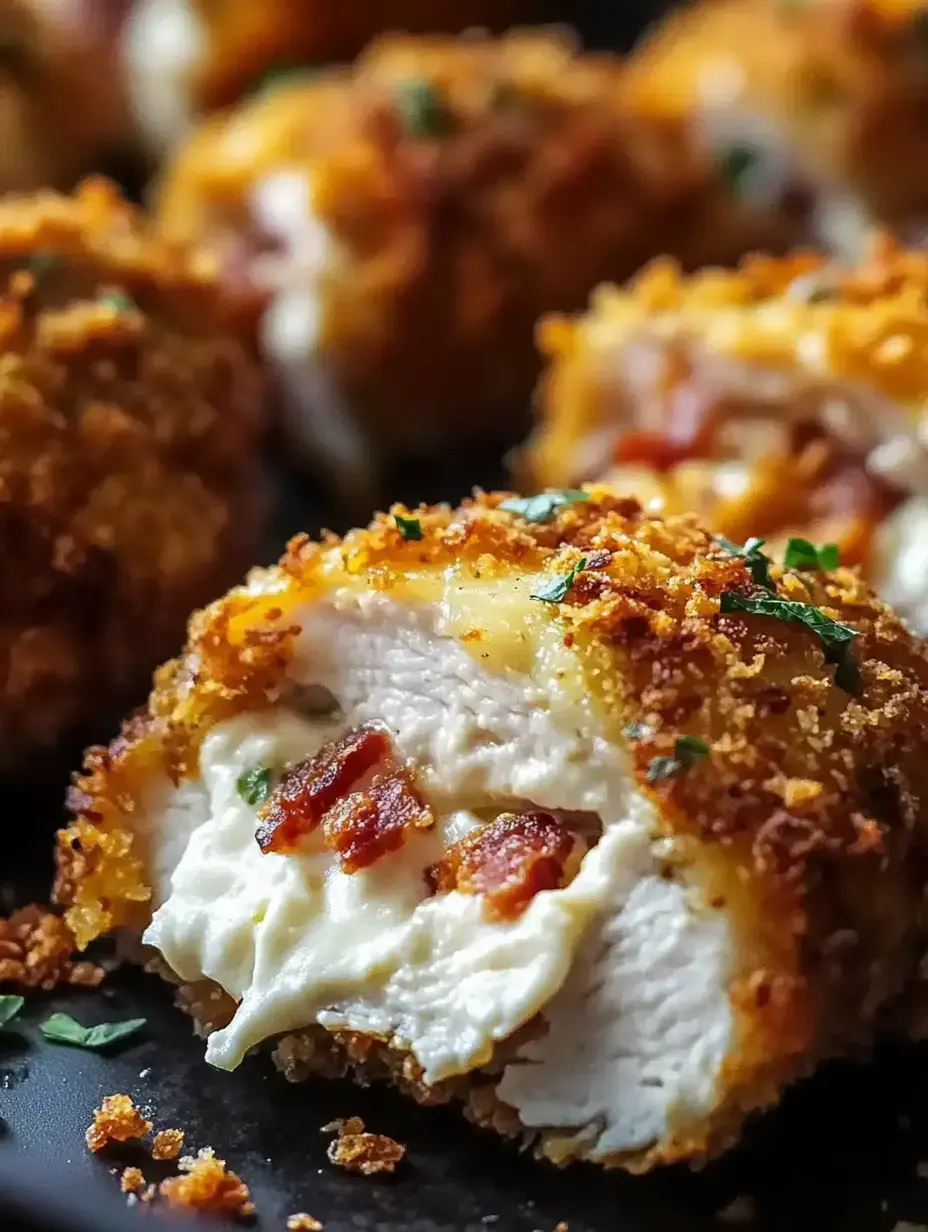 Gros plan sur une boule de poulet frit croustillante, révélant une garniture crémeuse avec des morceaux de lardons et des herbes à l'intérieur.