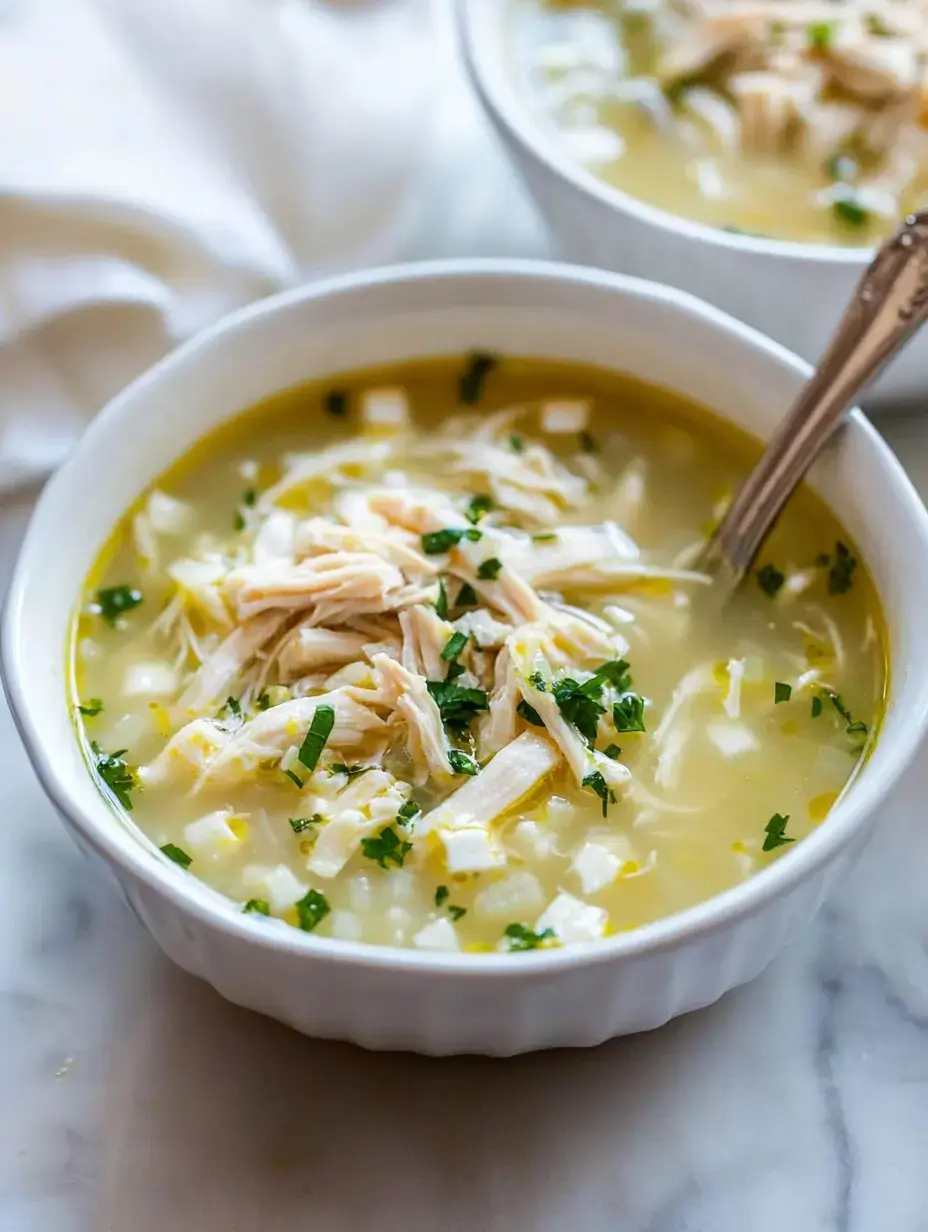 Un gros plan d'un bol de soupe au poulet garnie de poulet effiloché et d'herbes hachées, posé sur une surface en marbre.