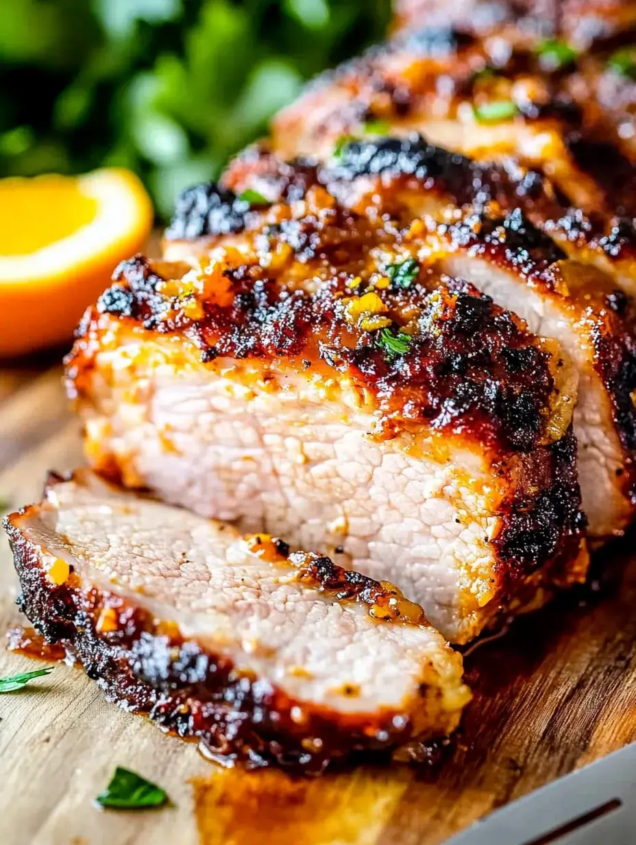 Gros plan d'un rôti de porc, tranché pour montrer son intérieur juteux et sa croûte assaisonnée, accompagné de persil frais et d'une tranche d'orange.