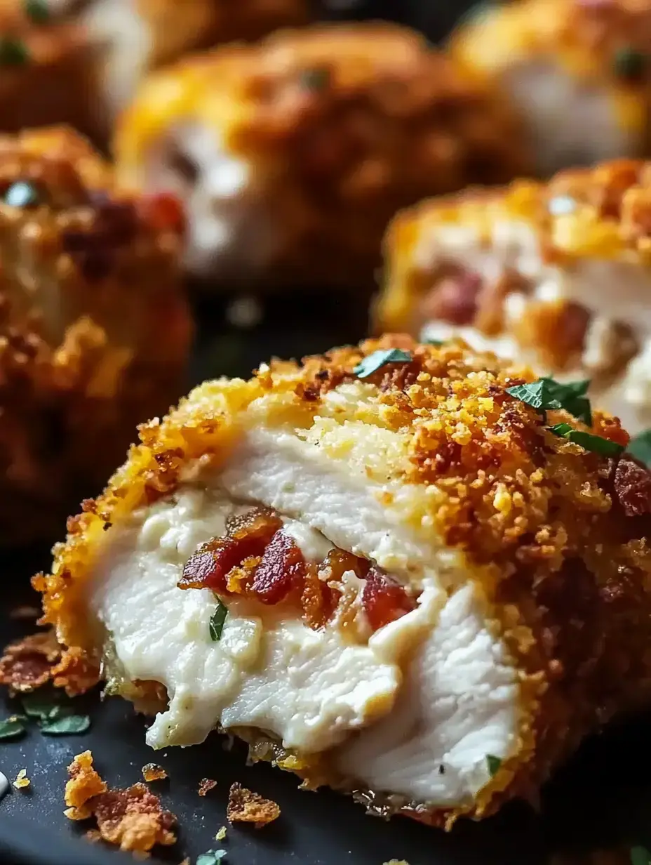 Gros plan sur un roulé de poulet croustillant pané farci de fromage crémeux et de lardons, garni d'herbes aromatiques.