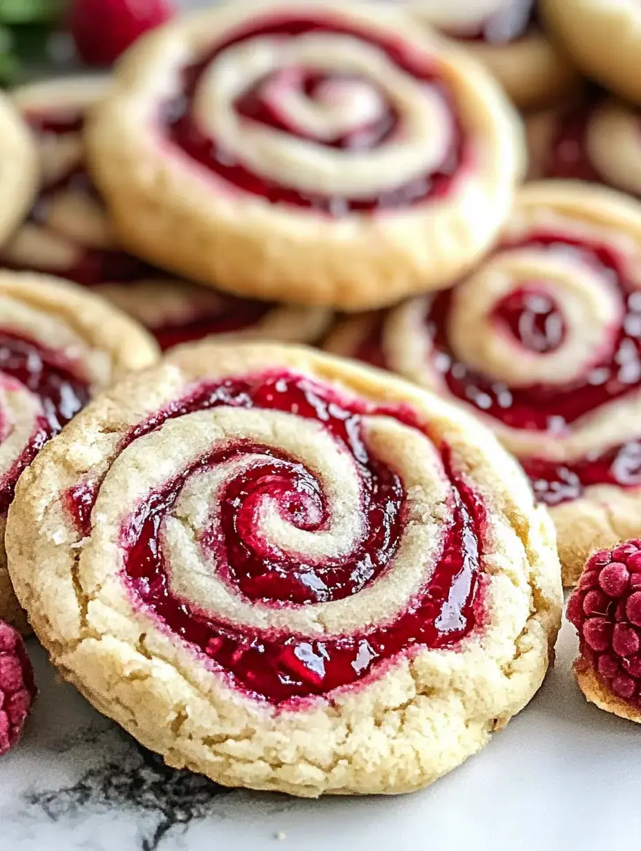 Une image en gros plan de biscuits à la confiture de framboises tourbillonnée, présentant un design en spirale sur une base de biscuit clair, entourés de framboises fraîches.
