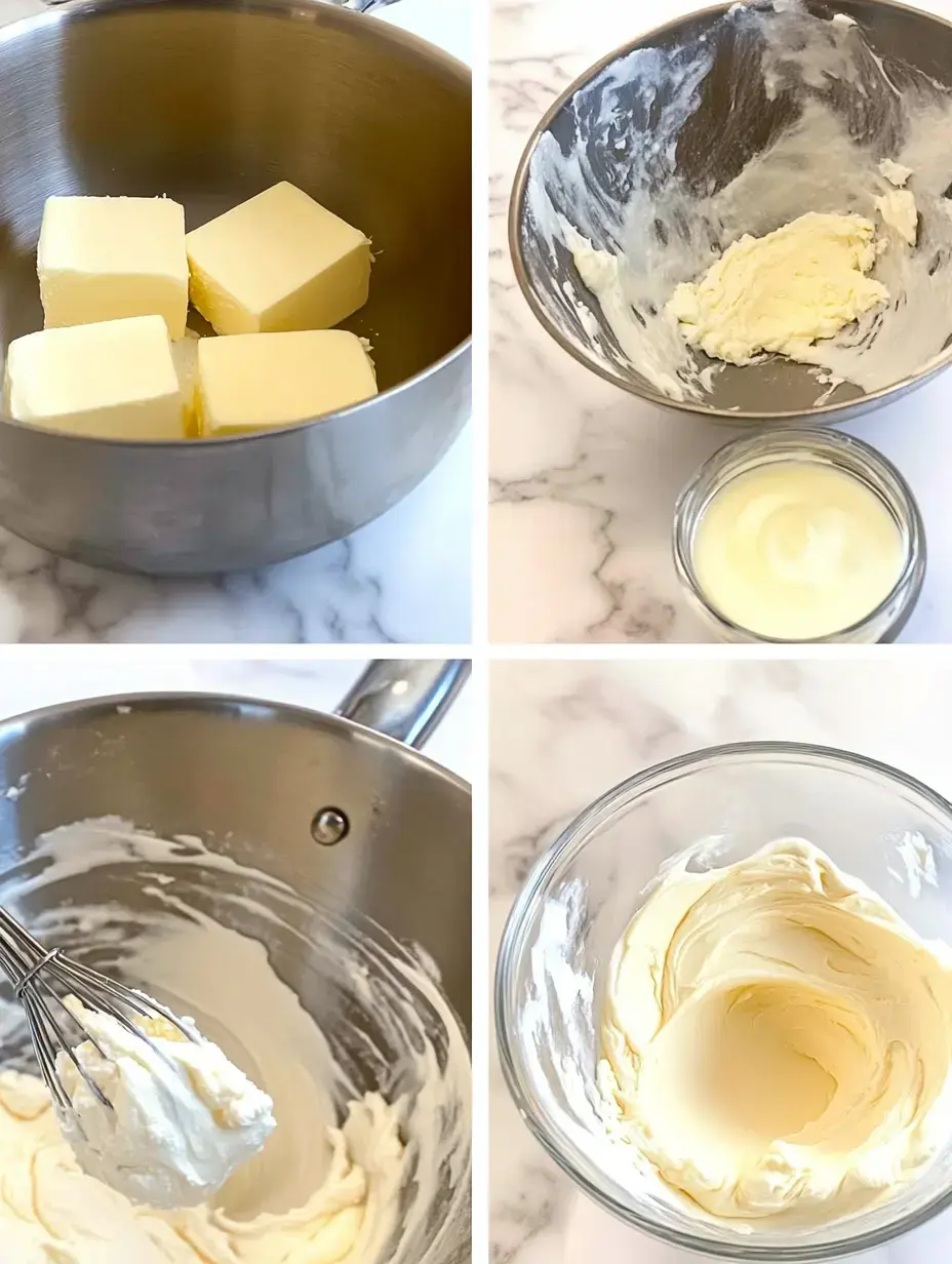 Un collage montrant la préparation de la crème au beurre, avec du beurre dans un bol mélangeur, du beurre fouetté, et la crème finie dans un récipient en verre.