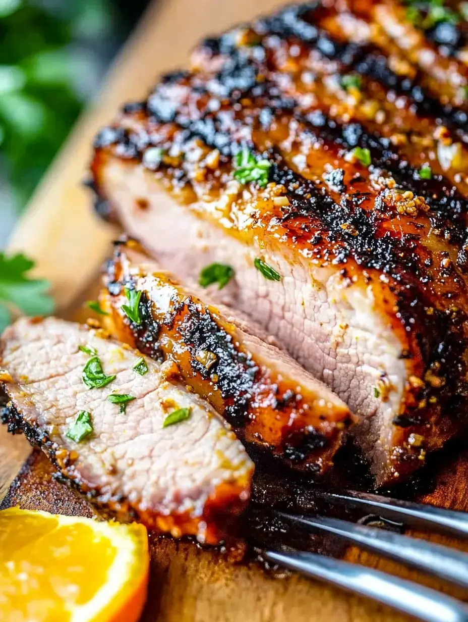 Gros plan d'un plat de viande grillée tranchée et garnie d'herbes fraîches sur une planche à découper en bois, accompagnée d'une tranche d'orange.