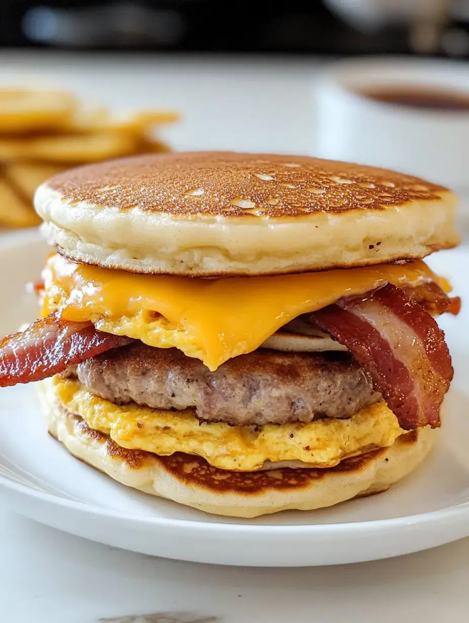 Un sandwich petit-déjeuner empilé avec des pancakes, du fromage, du bacon, de la saucisse et un œuf.