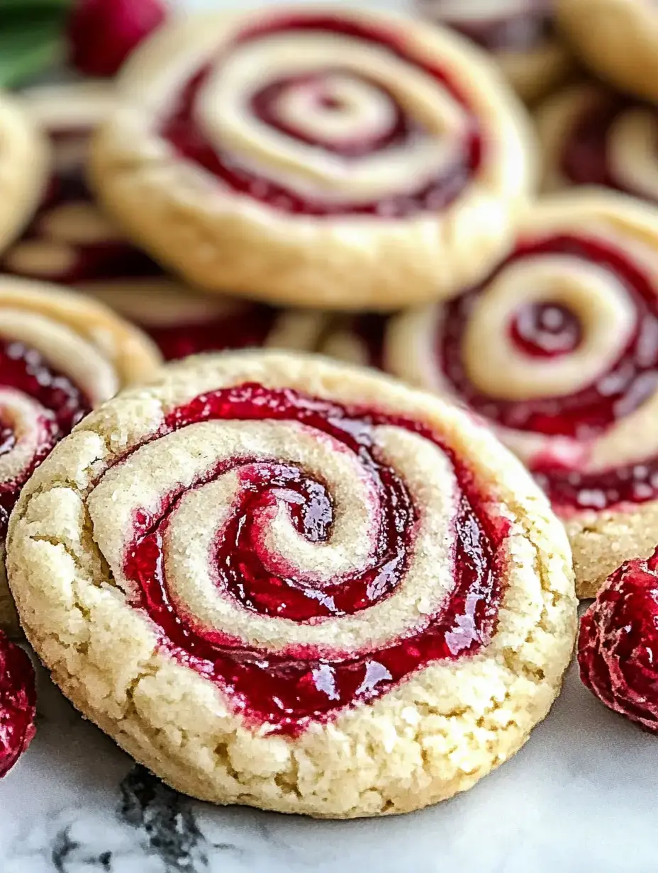 Un gros plan de biscuits en forme de spirale fourrés de confiture rouge, entourés de framboises fraîches.