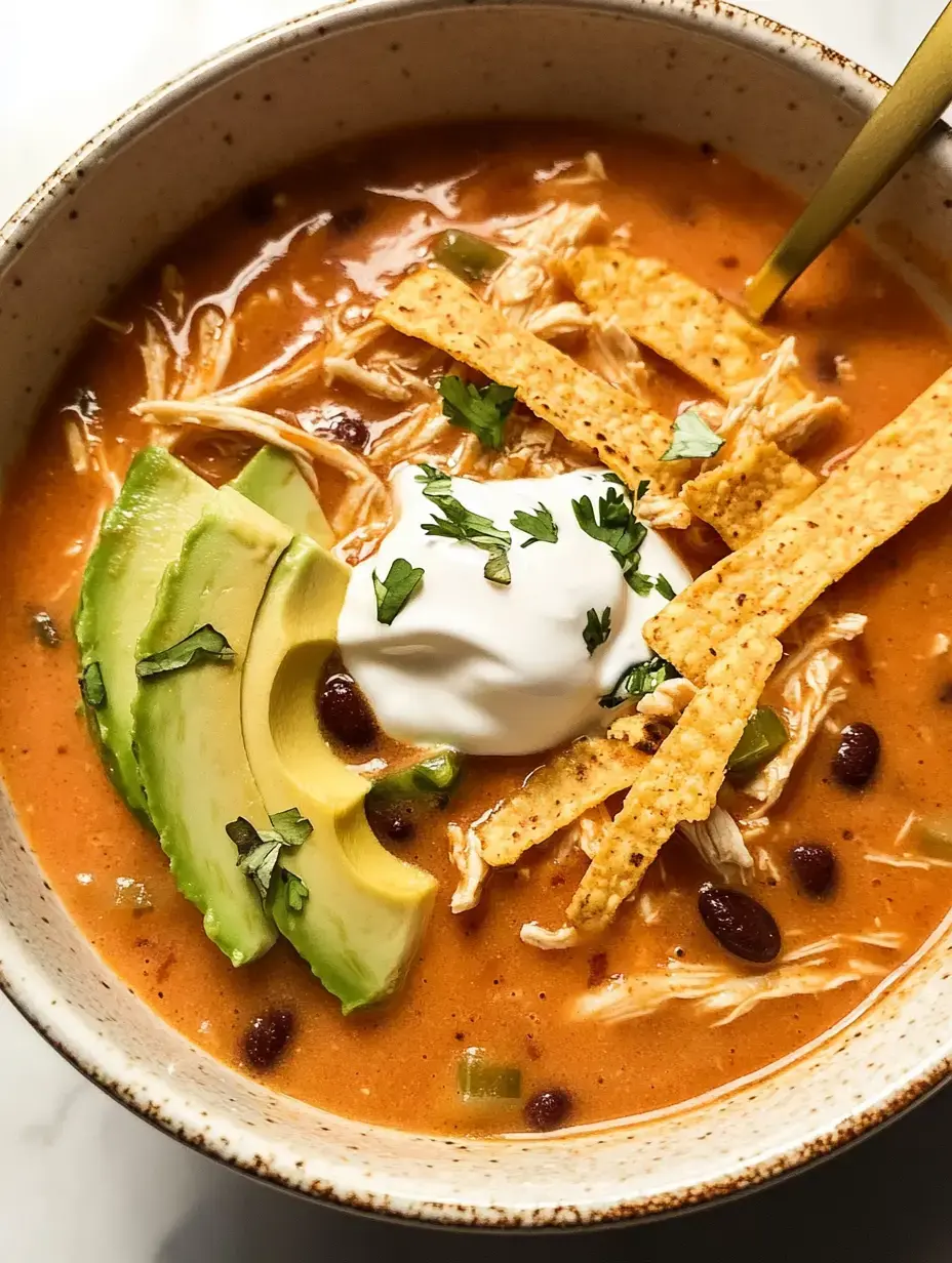 Un bol de soupe avec du poulet émietté, des haricots noirs, des tranches d'avocat, des lanières de tortillas, une touche de crème fraîche et des herbes fraîches.