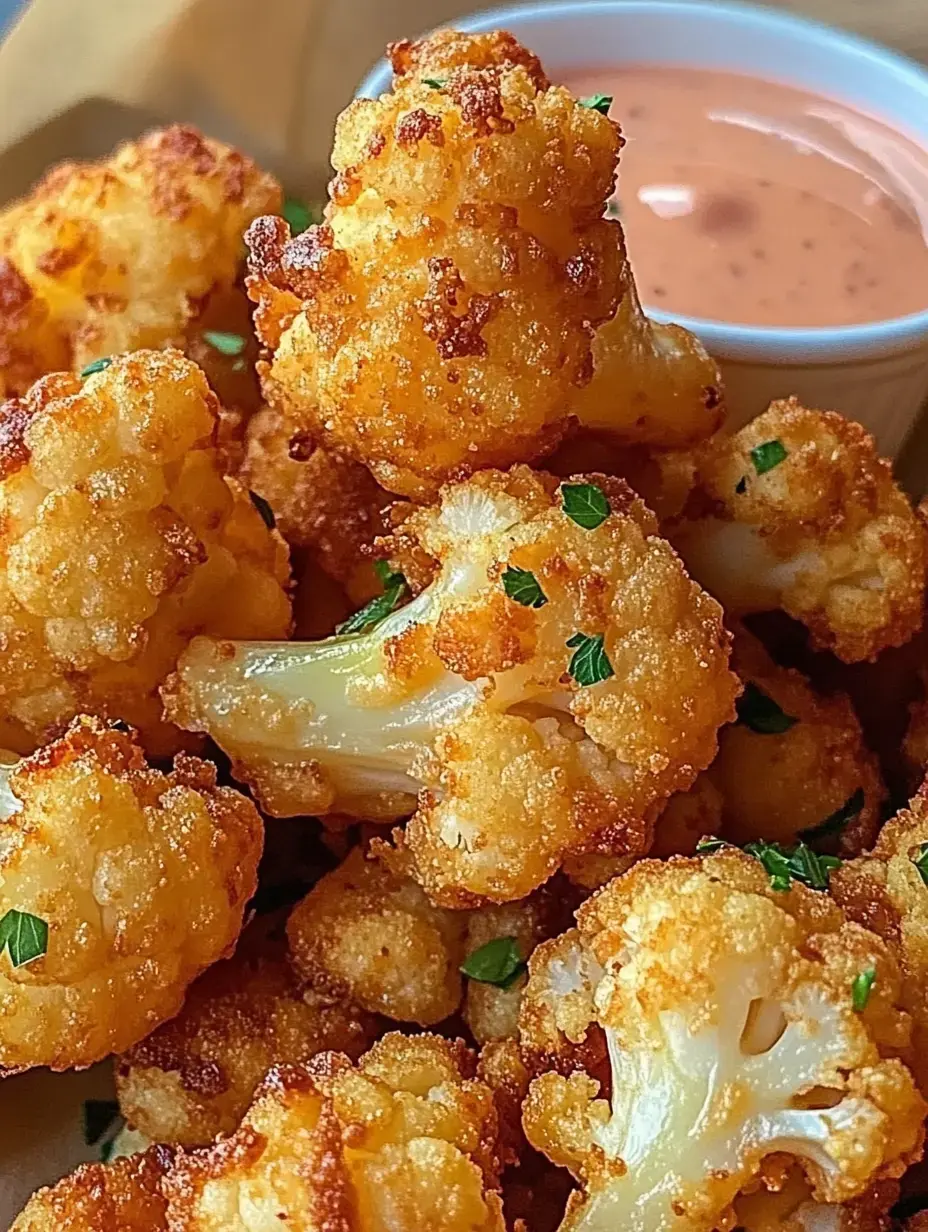 Un gros plan de bouchées de chou-fleur dorées et croustillantes garnies d'herbes vertes, servies avec un petit pot de sauce.