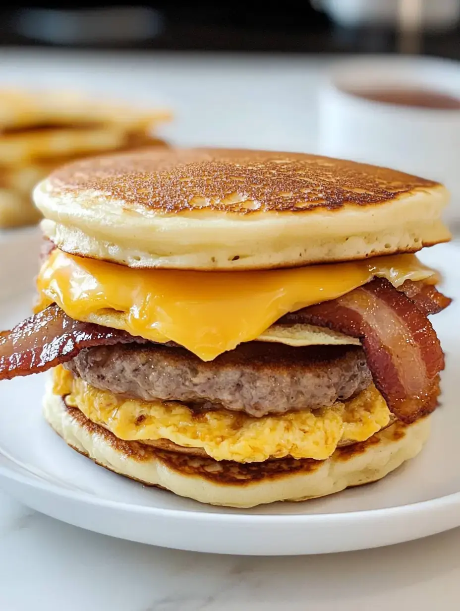 Un sandwich petit-déjeuner empilé avec des pancakes, une tranche de fromage, du bacon, une galette de saucisse et des œufs brouillés sur une assiette.