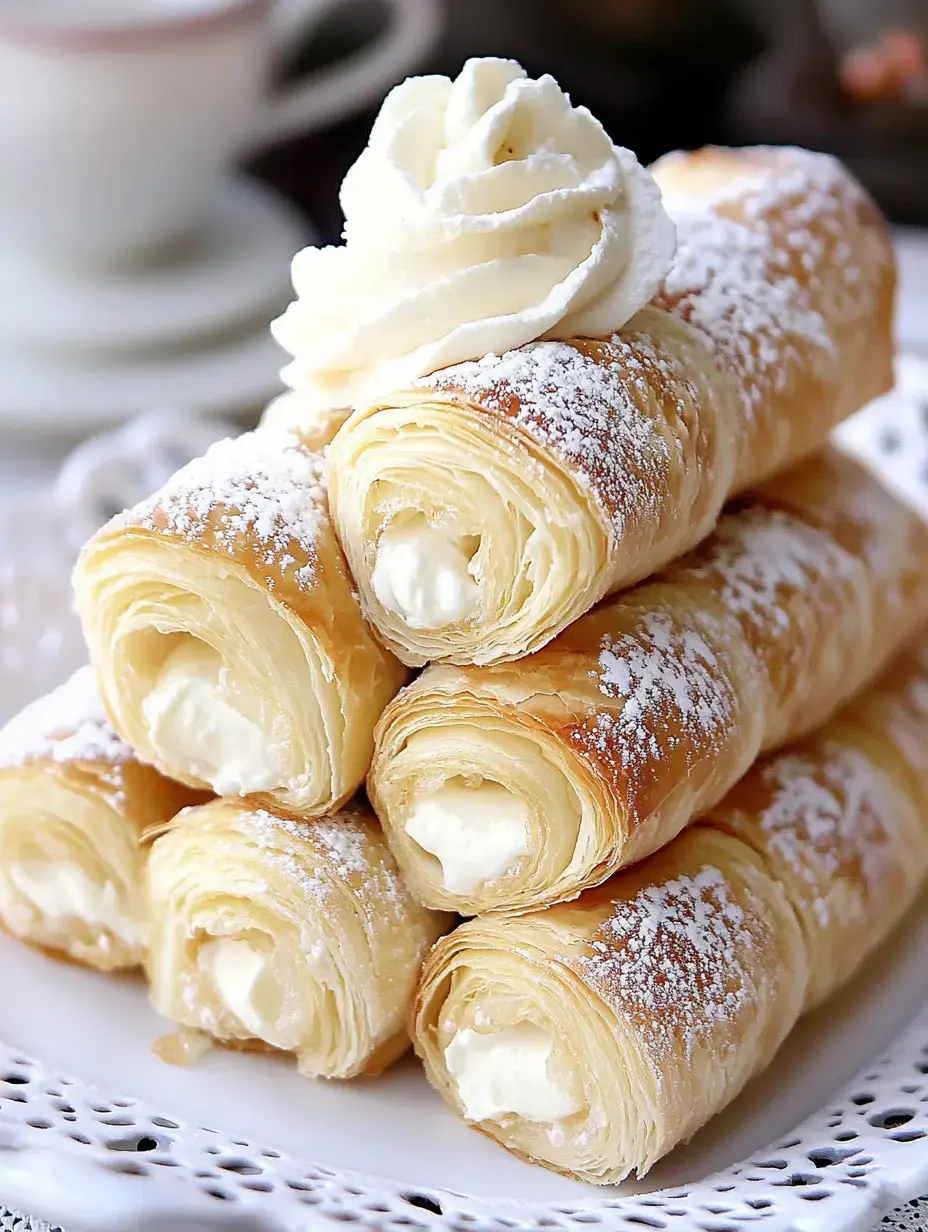 Une pile de cornets à la crème garnis de crème fouettée et saupoudrés de sucre glace sur une assiette décorative.