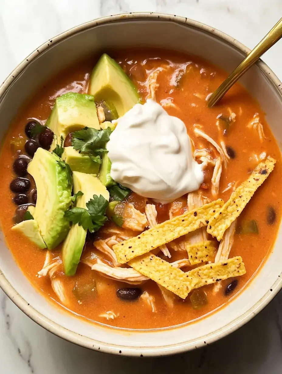 Un bol de soupe garni de poulet émietté, avocat, coriandre, crème fraîche, haricots noirs et lanières de tortillas.