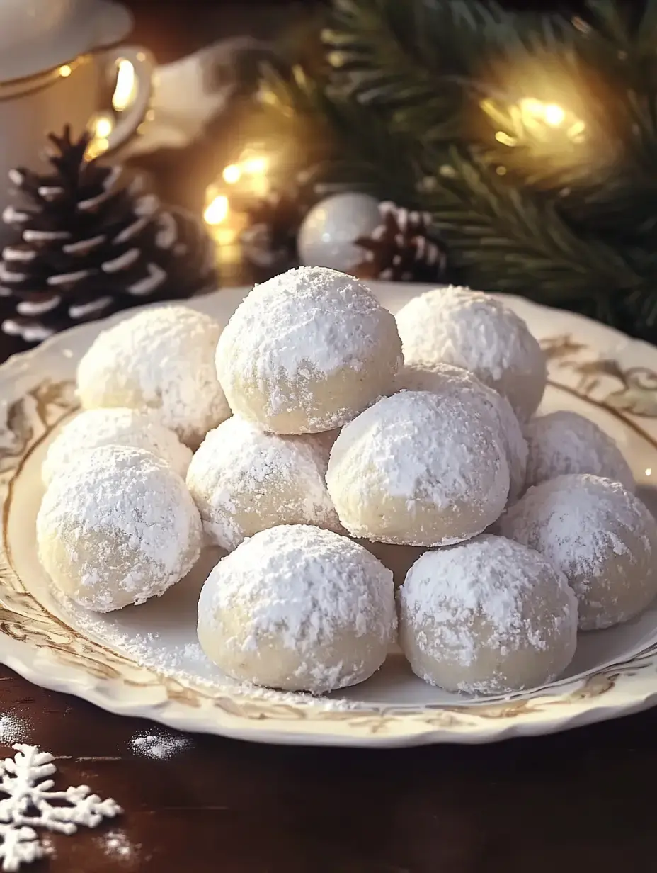 Une assiette de biscuits enrobés de sucre glace est élégamment disposée avec des pommes de pin et des lumières festives en arrière-plan.