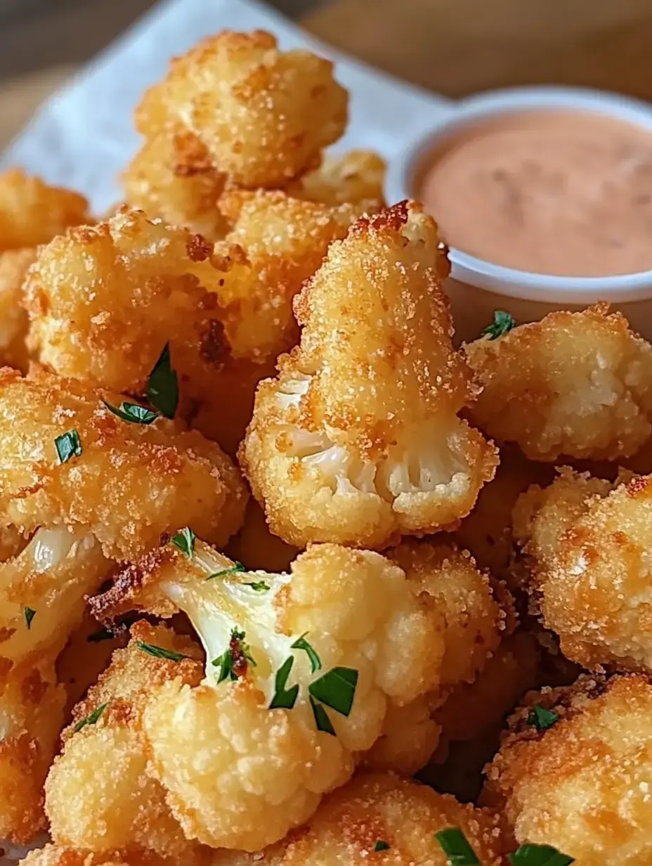 Une assiette de morceaux de chou-fleur frits dorés et croustillants garnis de persil, accompagnée d'un petit bol de sauce.