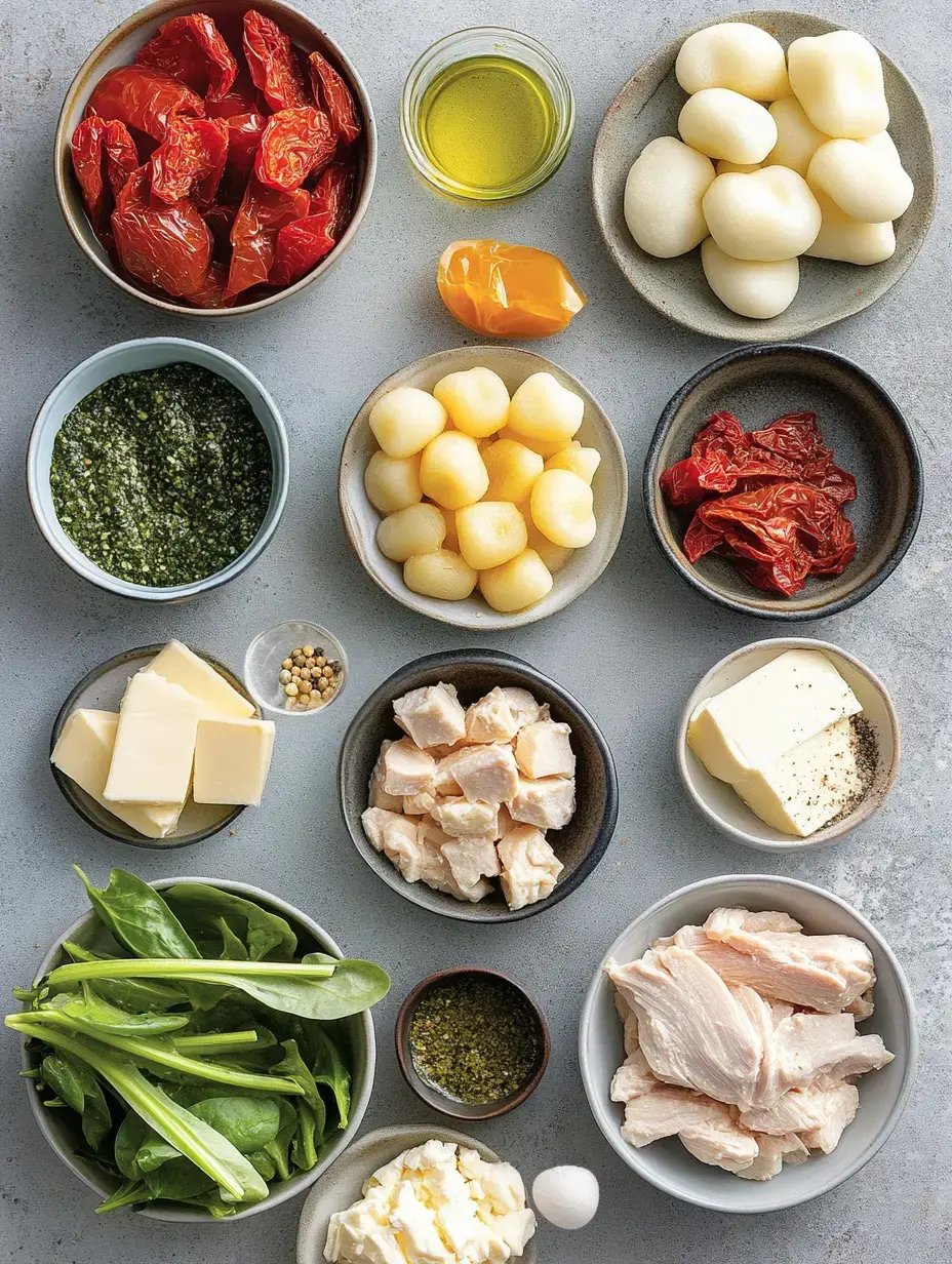 Une variété d'ingrédients disposés sur une surface claire, comprenant des tomates séchées, de l'huile d'olive, des petites pommes de terre, du pesto, des légumes verts, du beurre et des morceaux de poulet.