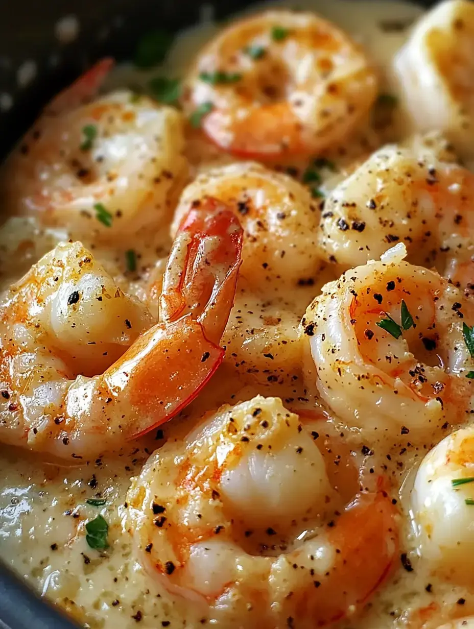 Une image en gros plan de crevettes succulentes cuites dans une sauce crémeuse, garnies d'herbes et d'épices.