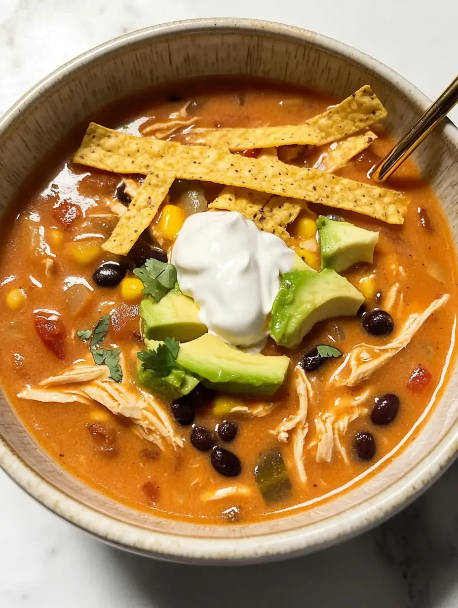 Un bol de soupe au poulet avec haricots noirs, maïs, avocat, crème fraîche et lanières de tortillas, garni de coriandre.