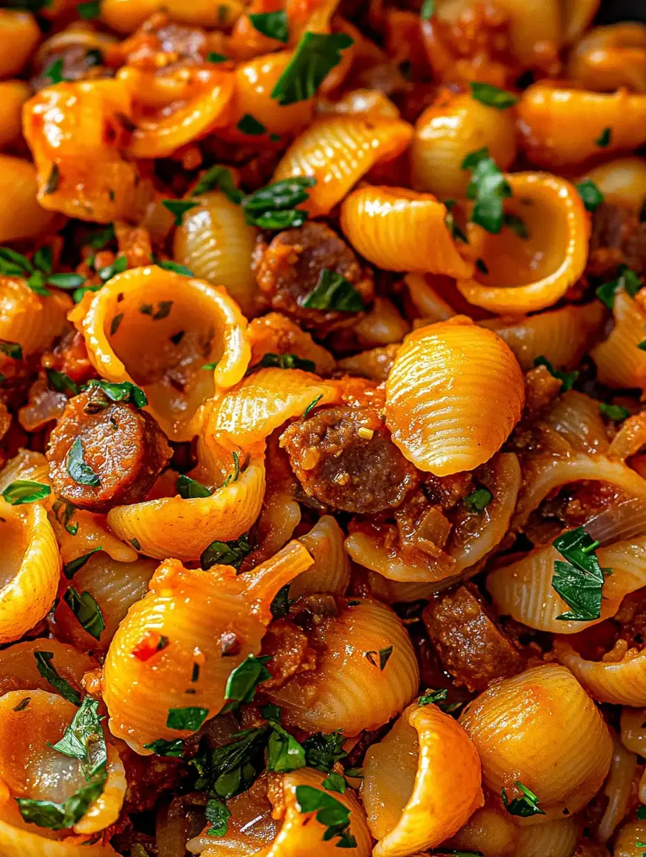 Un gros plan de coquilles de pâtes cuites mélangées avec de la saucisse et garnies de persil haché dans une riche sauce tomate.