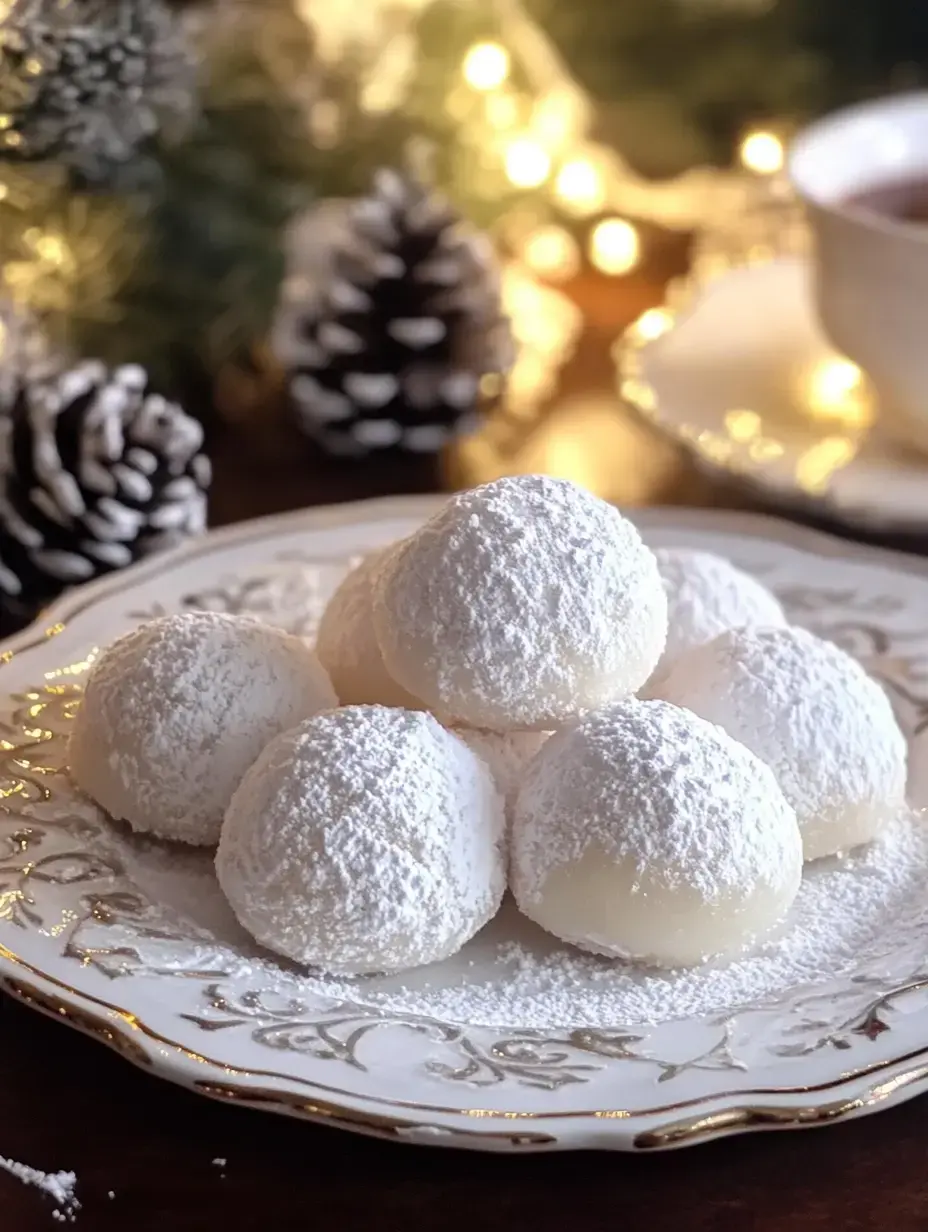 Une assiette de boules de neige poudrées disposées en forme de pyramide, sur un fond festif et chaleureux avec des pommes de pin et un éclairage doux.