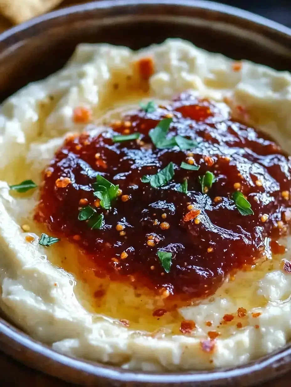 Un gros plan d'un bol de houmous crémeux surmonté d'une couche de confiture rouge sucrée et garni d'herbes fraîches et d'épices.