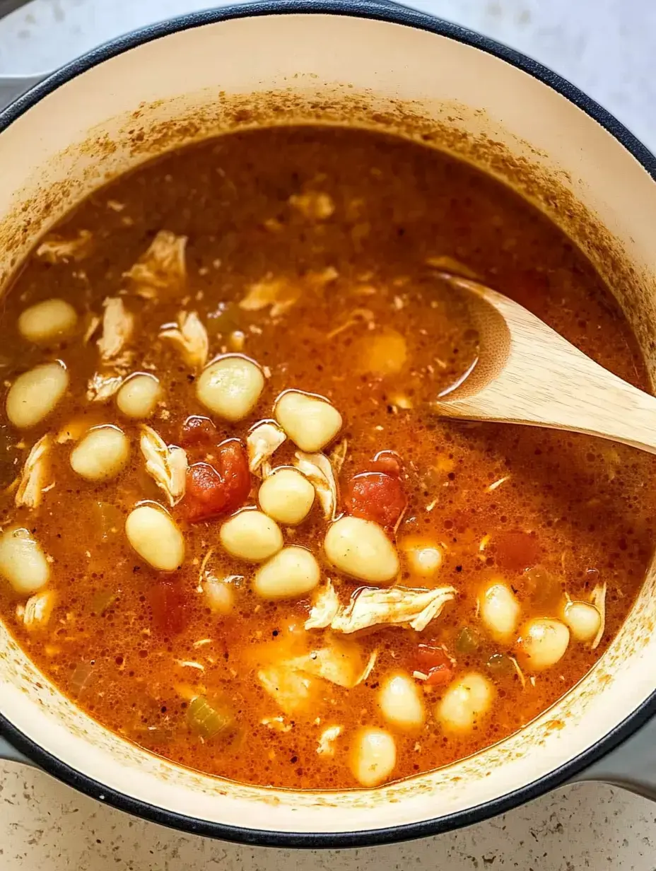 Une vue rapprochée d'une marmite de soupe mijotante avec du poulet, des haricots blancs et des tomates, accompagnée d'une cuillère en bois.