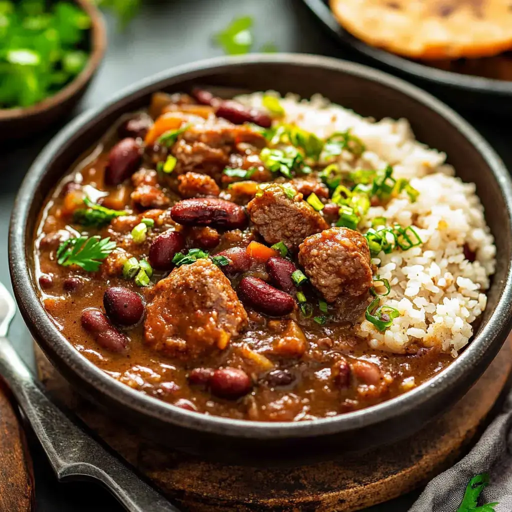 Un bol de ragoût savoureux de bœuf et haricots rouges servi sur du riz blanc, garni d'oignons verts hachés et d'herbes fraîches.