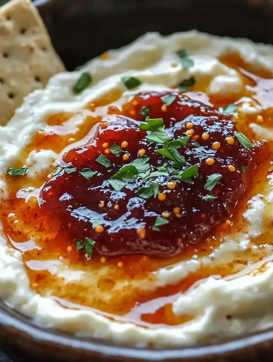 Un gros plan de fromage crémeux surmonté d'une tartinade rouge savoureuse et garni d'herbes hachées, accompagné d'un cracker.