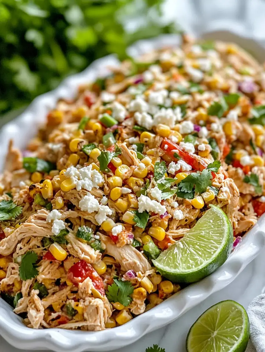 Un plateau coloré de poulet émietté mélangé avec du maïs, des légumes coupés en dés, de la coriandre, des quartiers de citron vert, et garni de fromage émietté.