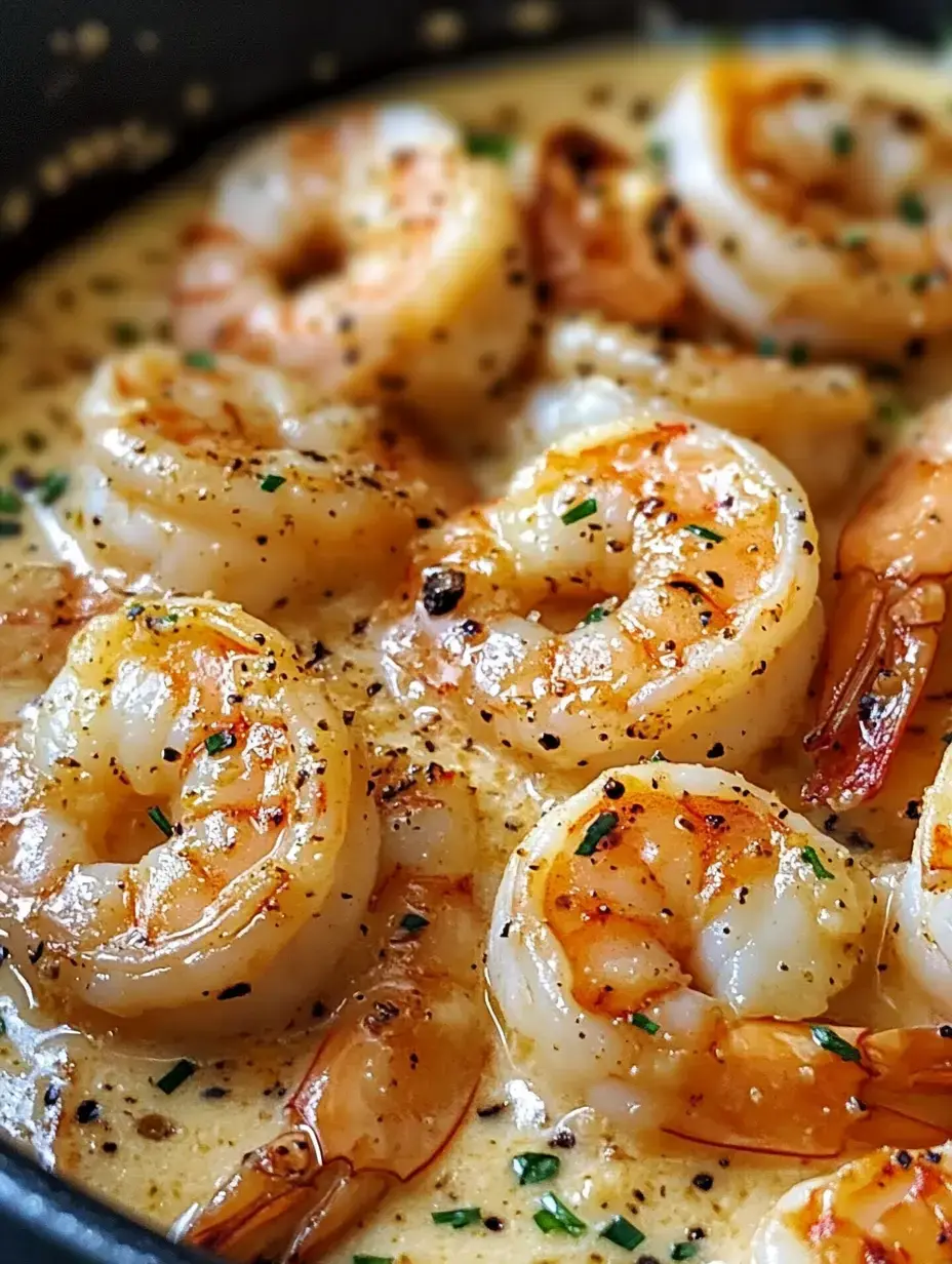 Une image en gros plan de crevettes succulentes cuites dans une sauce crémeuse, garnies de poivre noir et d'herbes vertes.
