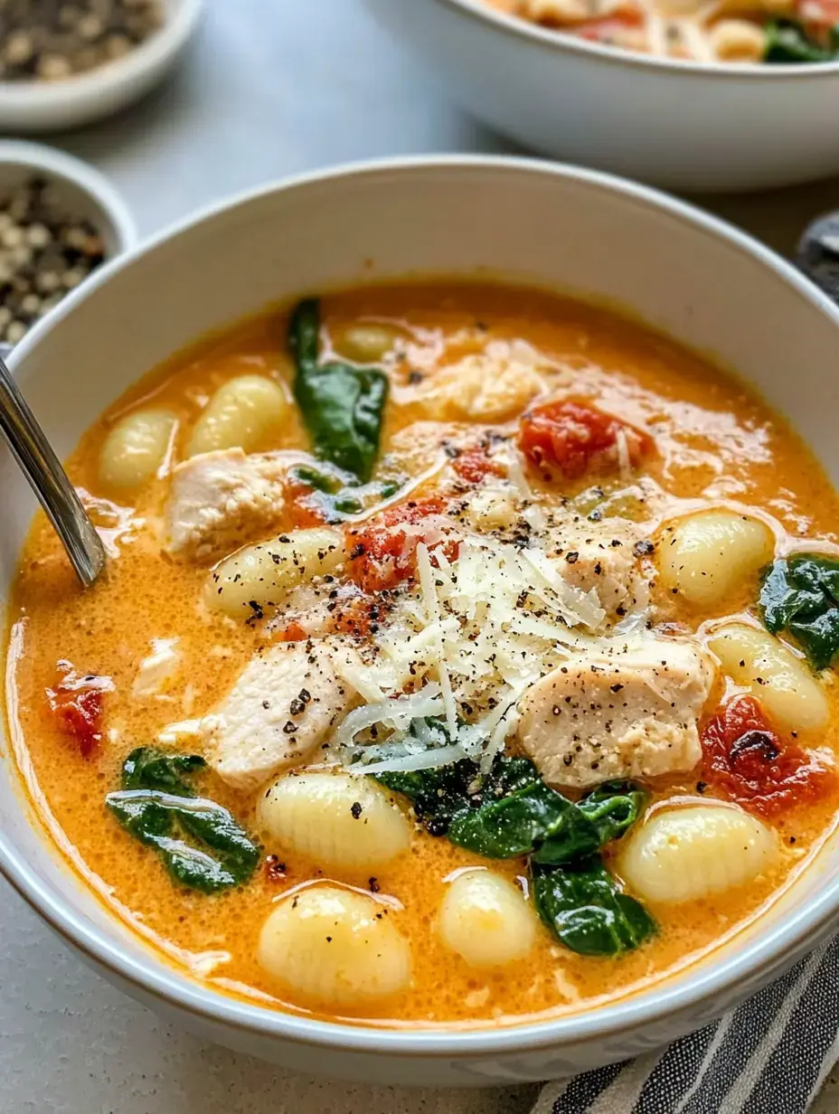 Un bol de soupe crémeuse aux gnocchis avec des morceaux de poulet, des épinards et des tomates, garni de fromage râpé et de poivre noir.