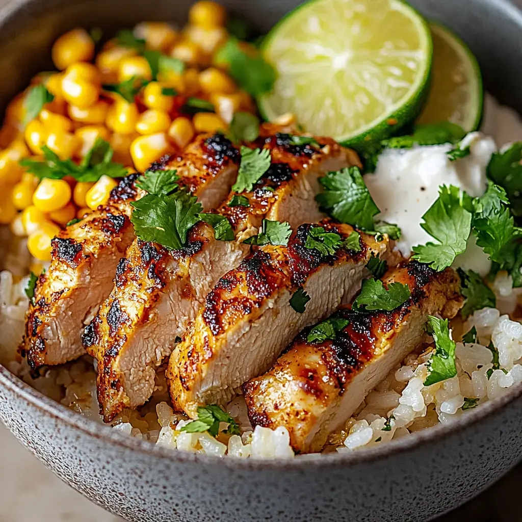 Un bol de tranches de poulet grillé sur du riz, accompagné de maïs, de quartiers de citron vert et garni de coriandre.