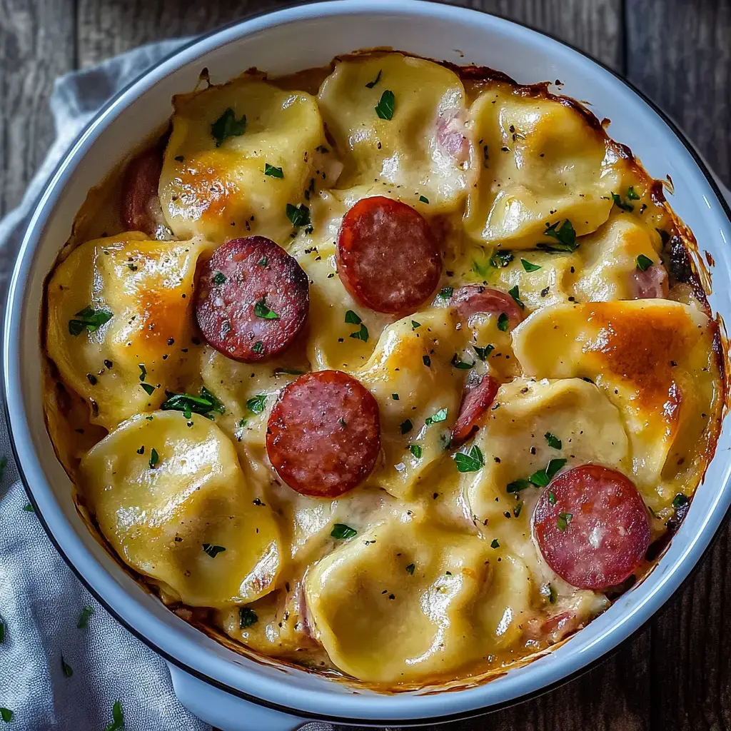 Un plat de pâtes au four avec des tortellinis farcis, garni de tranches de pepperoni et parsemé de persil.