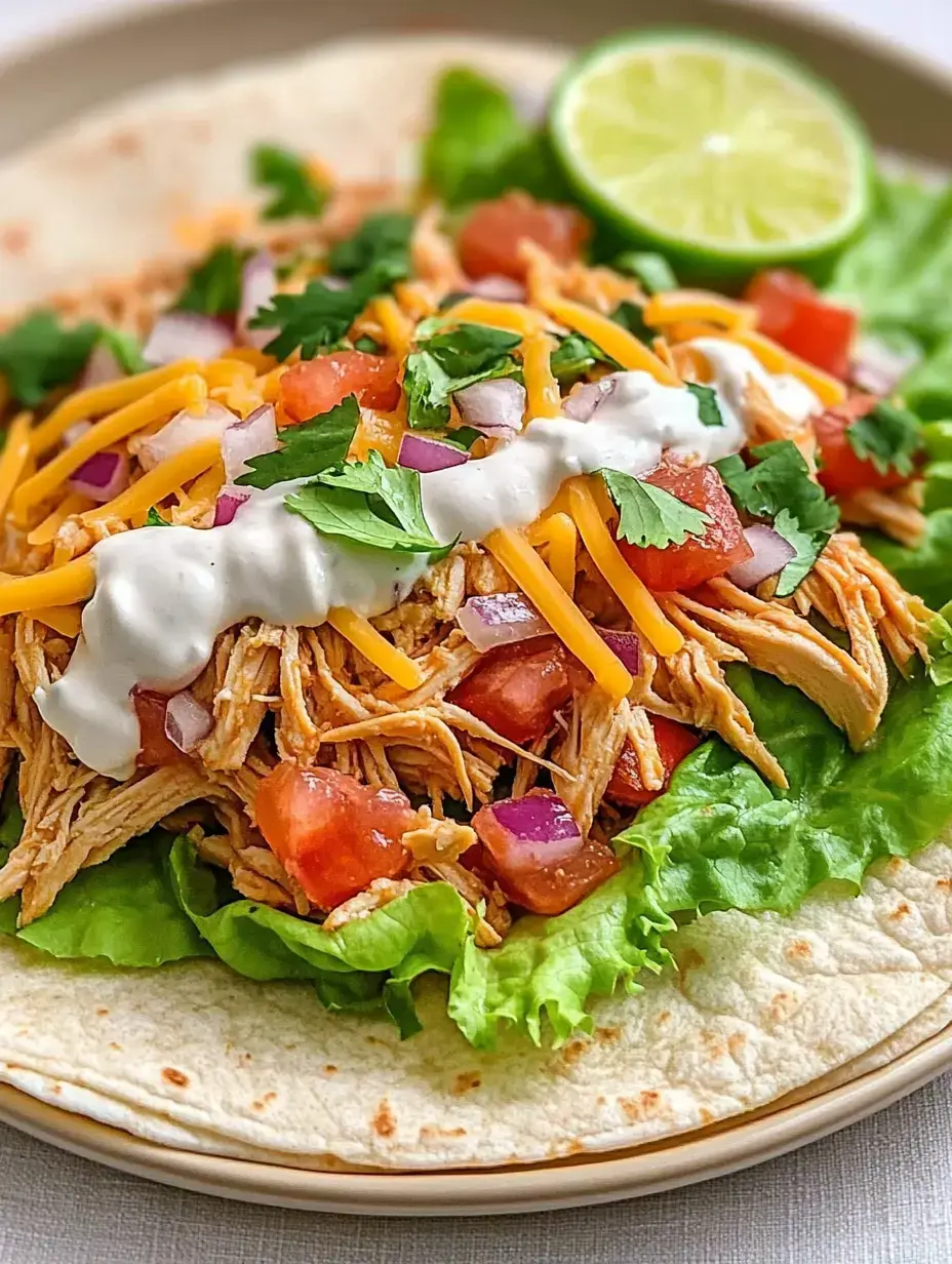 Une tortilla remplie de poulet effiloché, laitue, tomates, fromage, oignons, coriandre et crème fraîche, garnie d'un quartier de citron vert.