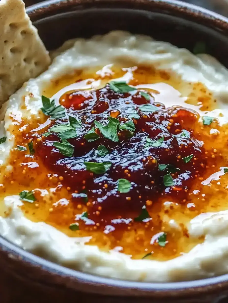 Un gros plan d'une trempette crémeuse surmontée d'une sauce rouge brillante et parsemée d'herbes vertes, servie avec un morceau de pain pita.