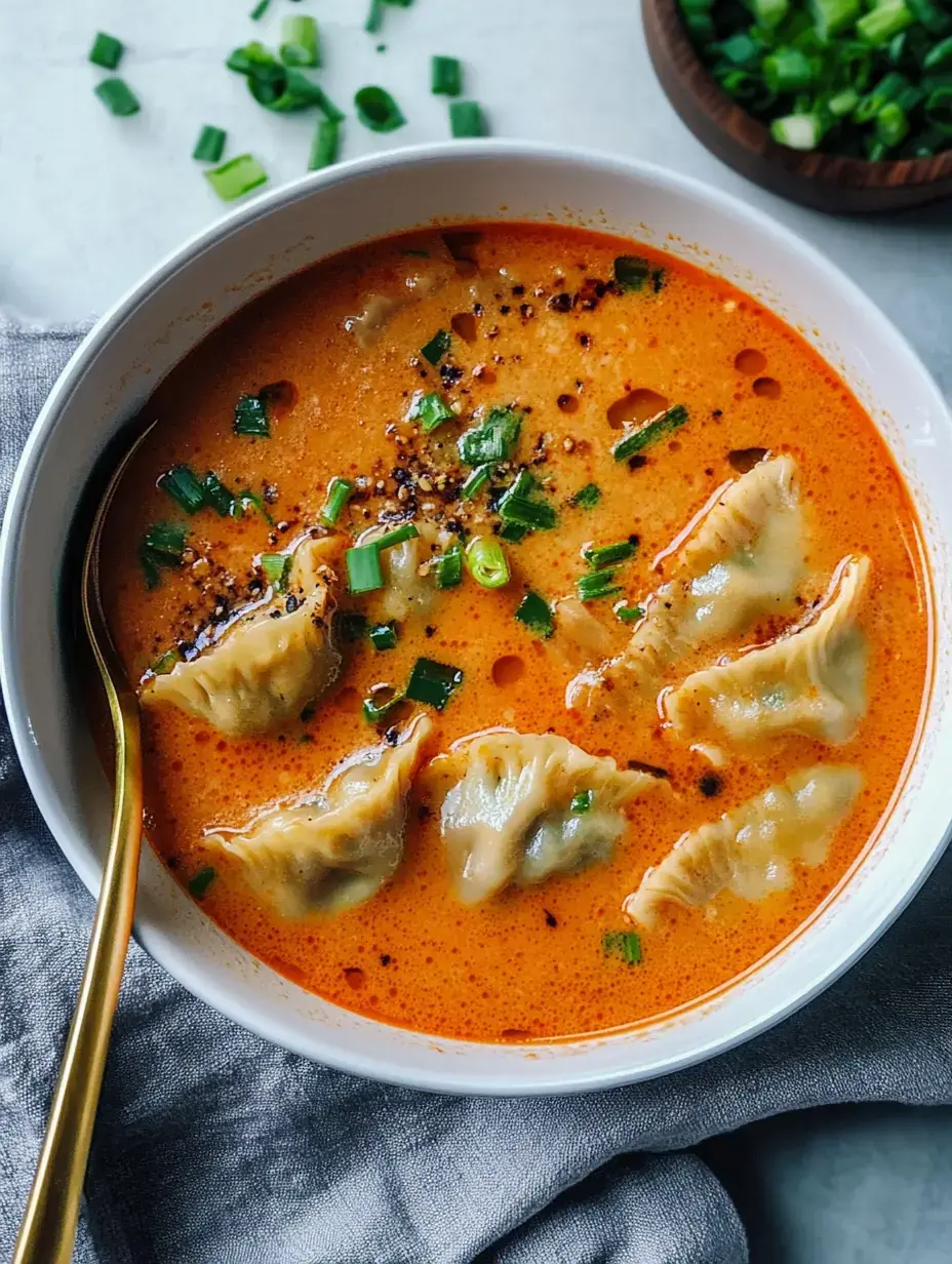 Un bol de soupe orange crémeuse avec des raviolis, garnie de ciboulette et saupoudrée d'épices.
