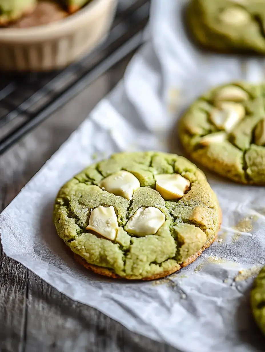 Un gros plan de cookies verts au matcha avec des morceaux de chocolat blanc sur du papier cuisson.