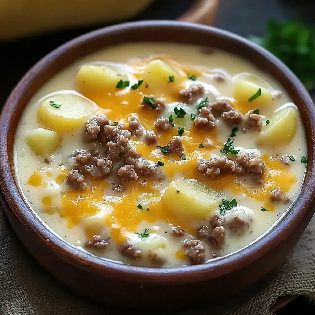 Un bol en bois rempli de soupe crémeuse de pommes de terre et saucisse, garni de fromage râpé et de persil haché.