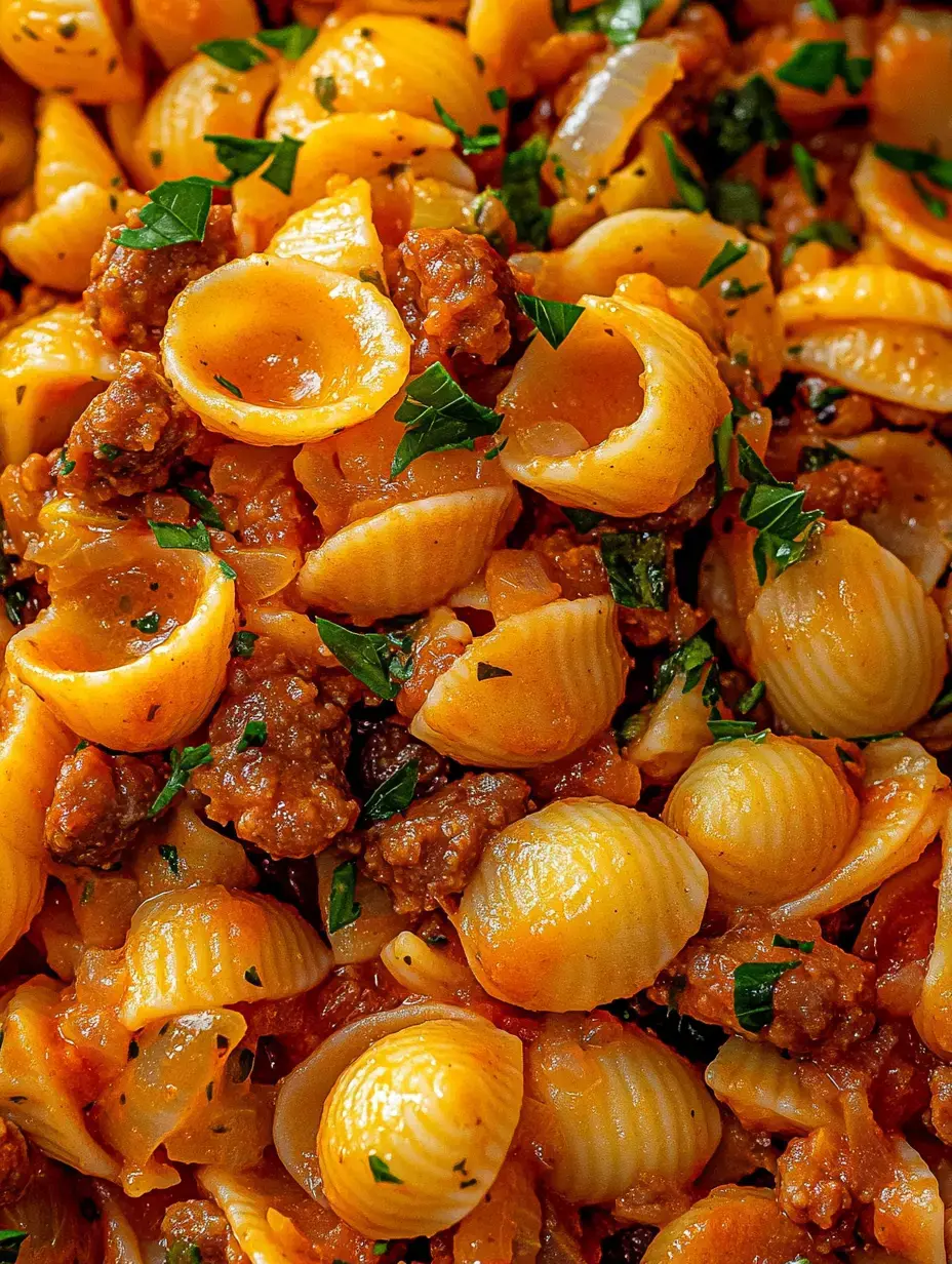 Un gros plan de coquilles de pâtes cuites mélangées avec de la viande hachée, de la sauce tomate et garnies de persil haché.