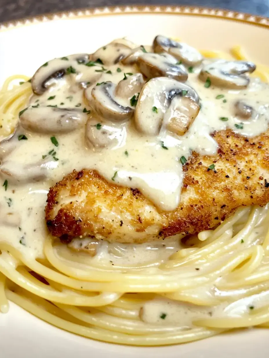 Une assiette de spaghetti surmontée d'un morceau de poulet pané dans une sauce crémeuse aux champignons, garnie de persil.