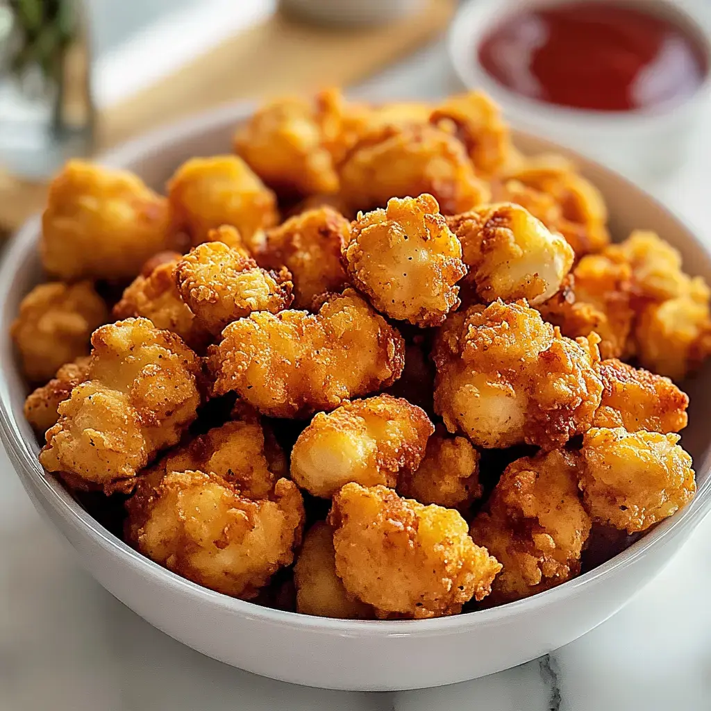 Un bol rempli de bouchées de chou-fleur frites dorées et croustillantes est servi avec un petit plat de ketchup à côté.